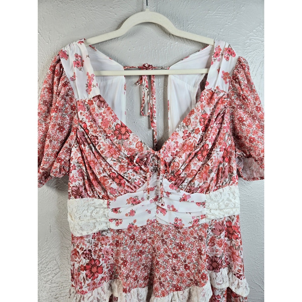 Arula Floral Lace Tiered Dress Size 1X Puff Sleeve Patchwork Cottagecore Boho - Picture 4 of 10